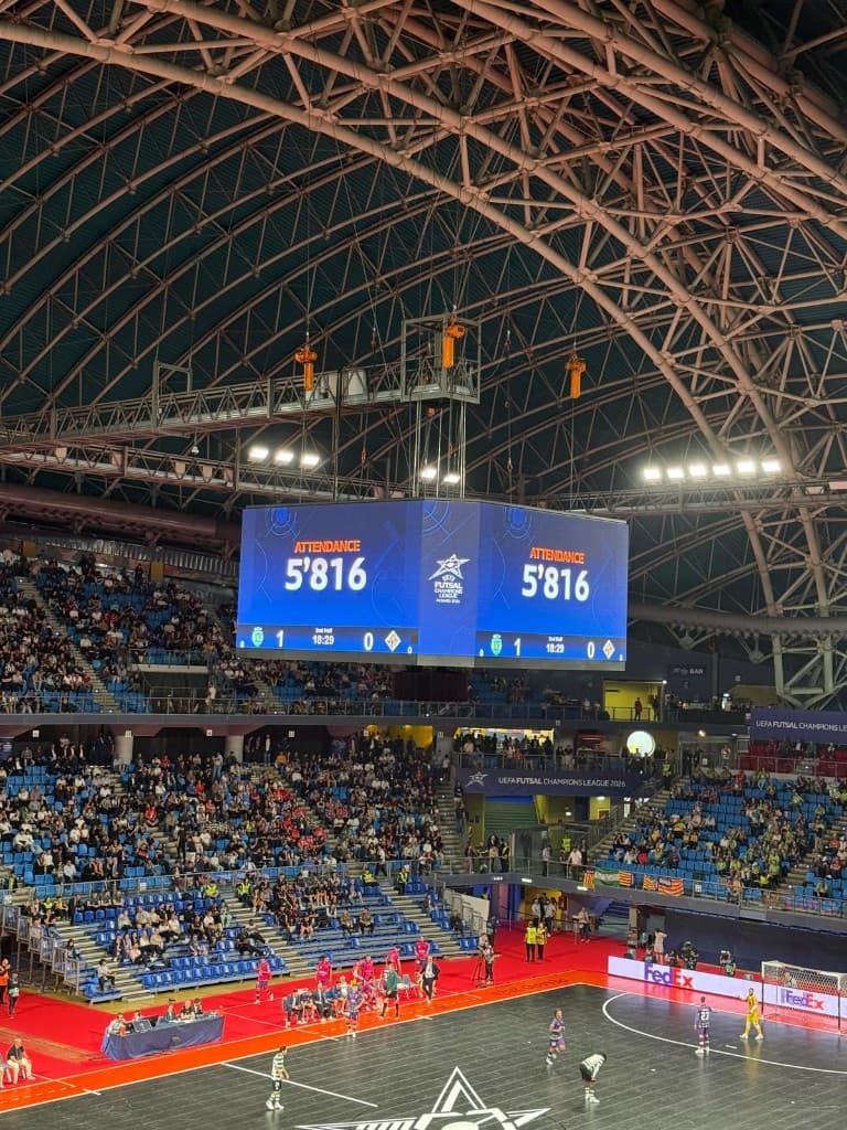 Attendance of 5,816 shown on the arena scoreboard during the final — Pesaro 2026