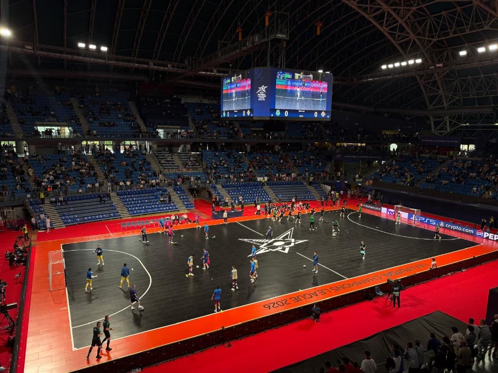 Vitrifrigo Arena court during warm-ups — UEFA Futsal Champions League Pesaro 2026